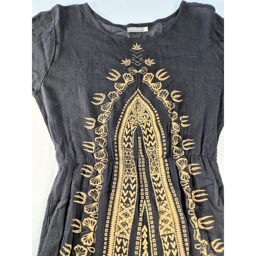 Earthbound Trading Co Womens Dress Short Sz S Blk  Gold Design Elastic Waistline